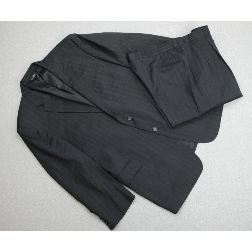 Jos A Bank Suit Mens 48L Black Pinstripe 100% Wool Pants Cuffed Pleated 38 x 30